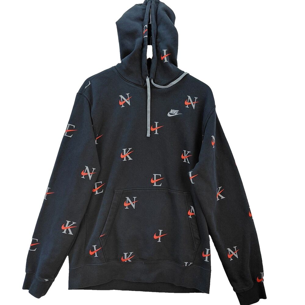 Nike Hoodie Mens Large Tall Black Graphic Y2K AOP Club Fleece Sweatshirt DV9601